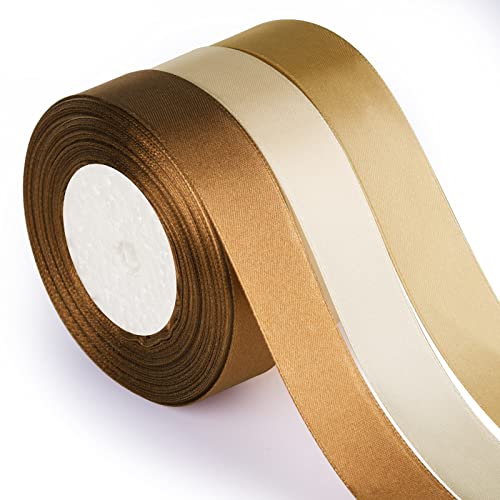 ASTARON Braun Gold Satinband für Hochzeit Sträuße DIY Handwerk 25mm, Schleifenband zum Verpacken, Geschenkband für Valentinstag, Solid Color Ribbon Stoffband für Haarschleifen Baby Shower von ASTARON