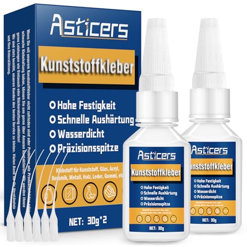 Kunststoffkleber Extra Stark, 60g Wasserdicht und Hitzebeständig Sekundenkleber für Kunststoff, Modellbau Kleber, Sekundenkleber zum Verkleben von Kunststoff, Glas, Vinyl, Acryl, PVC, Metall usw. von Asticers