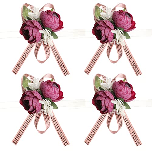 Asudaro 4 Stück Braut Handgelenk Blume, Frau Armband Hand Blumen Rote Rose Blumenarmband Hochzeitsfeier Handgelenk Blume Mit Rosenband, Schöne Brautjungfer Hand Blume für Hochzeit Prom Lila von Asudaro