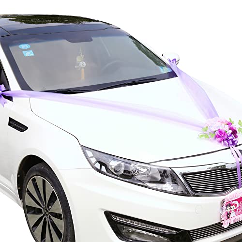 Asudaro Braut Blumen Hochzeit Auto Dekoration, Autoschmuck Hochzeit Motorhaube Auto Wedding Deko Girlande Blume Hochzeitsauto Dekoration Hochzeitsauto Blumenstrauß mit 6 Schleifen Blumen,lila von Asudaro