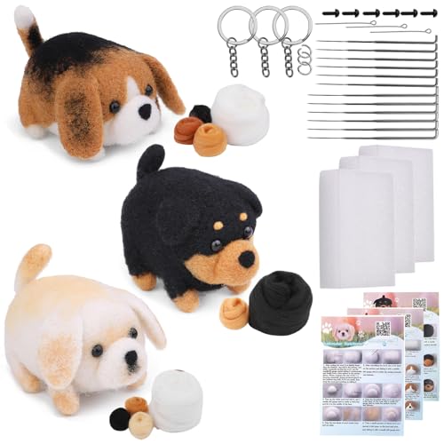 Asudaro Nadelfilz Set, Nadelfilz Kit Wollfilz Tier Kit DIY Nadelfilzmaterial Starter Kit Handspinnmaterial zum Basteln für Nadelfilz Anfänger DIY Filz Tier Handwerk Drei Hunde Set 1 von Asudaro