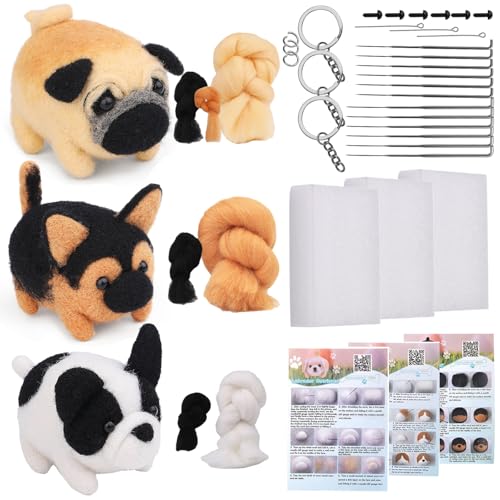 Asudaro Nadelfilz Set, Nadelfilz Kit Wollfilz Tier Kit DIY Nadelfilzmaterial Starter Kit Handspinnmaterial zum Basteln für Nadelfilz Anfänger DIY Filz Tier Handwerk Drei Hunde Set 2 von Asudaro