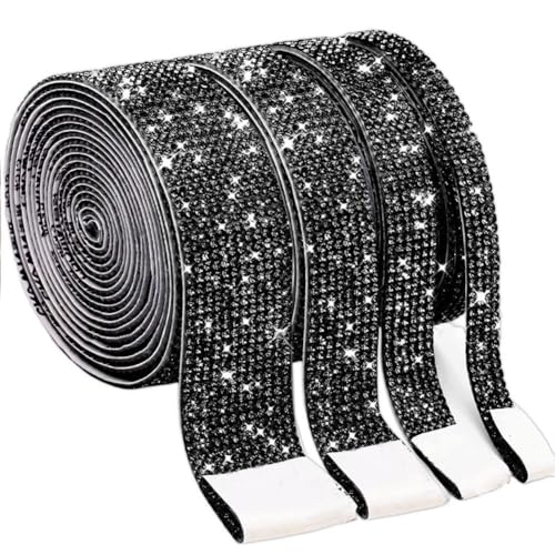 Asudaro Strass bandstreifen, 4 Rollen funkelndes Strassband DIY dekorative Strassstreifen Selbstklebend Glitzersteine Bänder für Handys Tassen Bilderrahmen Autos Kristall Strassstreifen Schwarz von Asudaro