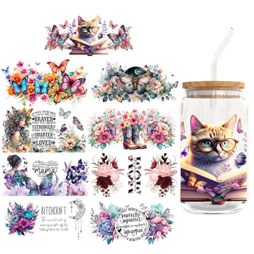 UV DTF Tasse Wrap Transfer Sticker,Asudaro 9Blätter Rub on Sticker Aesthetic Wasserdicht Floral Theme Transfer Sticker Transferfolie für 16oz Glasbecher Glas Tassen Dekor Pflanze Aufkleber 9 Stück von Asudaro