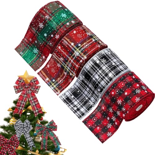 Weihnachtsband-Set Asudaro 4 Rollen festliches Weihnachts-Gurtband farbig kariert gewebtes Band-Set bedrucktes Ripsband Basteln DIY Weihnachtsdekorationen Geschenke Schleifen festliche Verpackungen von Asudaro