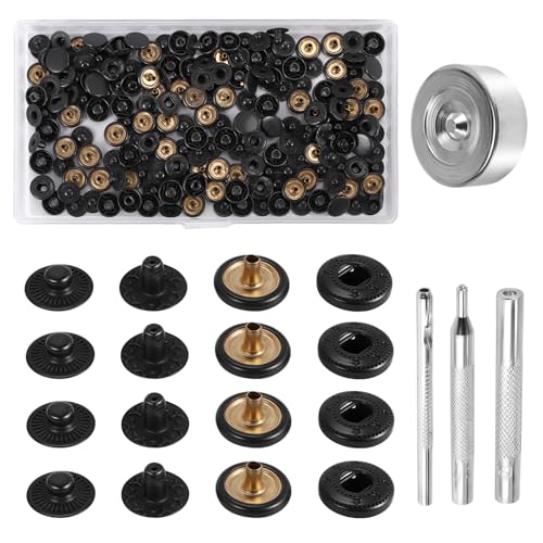 Asuinxurr 50 Sets Druckknopf-Kits Leder-Druckknöpfe 10 mm Druckknopf Metall Snap Fastener Kit mit 4 Druckknopf-Installationswerkzeugen zum Nähen von Kleidung, Armbändern, Jacken, (Schwarz) von Asuinxurr