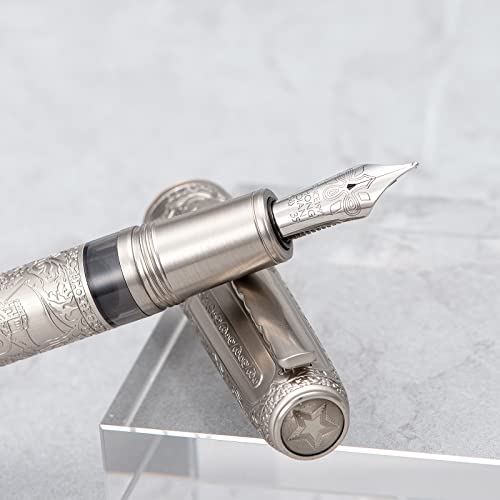 Asvine Hongdian 100 Silber Steel Kolben Füllfederhalter, Iridium Medium Spitze Kalligraphie, Glatt Schreibstifte, Schöner Schreibstift für Männer & Frauen von Asvine