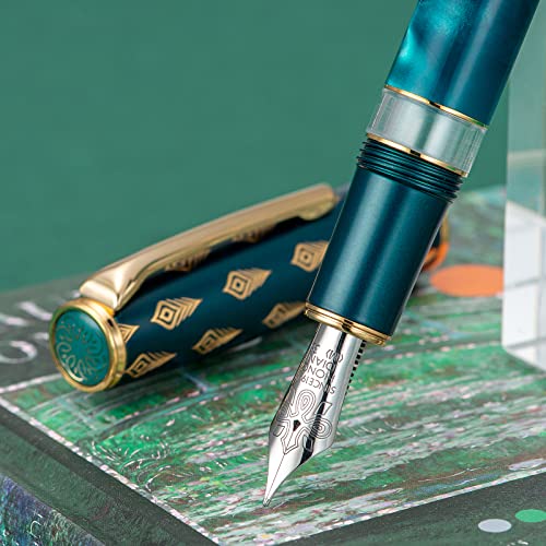 Hongdian N7 Blau Pfau Harz Kolben Füllfederhalter, Iridium Medium Feder Klassischer Stift, Glatt Schreibstift mit Metallbox von Asvine