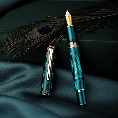 Hongdian N7 Blue Peacock Resin Kolben Füllfederhalter, Iridium Extra feine Feder, klassischer Stift, glattes Schreiben Stift mit Metallbox von Asvine