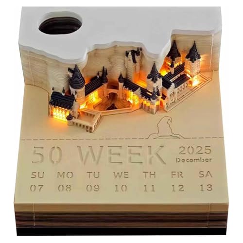 Asyduey Uhrenkalender, Schreibtischkalender 2025, Notizblock, 3D-Uhrenblock mit Lichtern im Magischen Schloss-Design von Asyduey