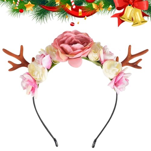 AsyinXson Weihnachten Rentiergeweih Stirnband, Kopfbedeckungen Mit Geweihblumen, Märchenhafter Damen-Kopfschmuck Hirsch-Geweih mit Stoff-Blüten, Weihnachten Kostüm Kostüme Zubehör von AsyinXson