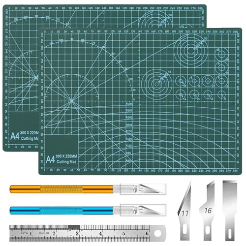 2 Stück A4 Schneidematte Set, Selbstheilende Bastelunterlage Schneideunterlage Cutting Mat mit 43stk Bastelmesser und Stahllineal für Basteln Zeichenunterlage Bastelskalpell(A4 30X22CM) von Aszaui