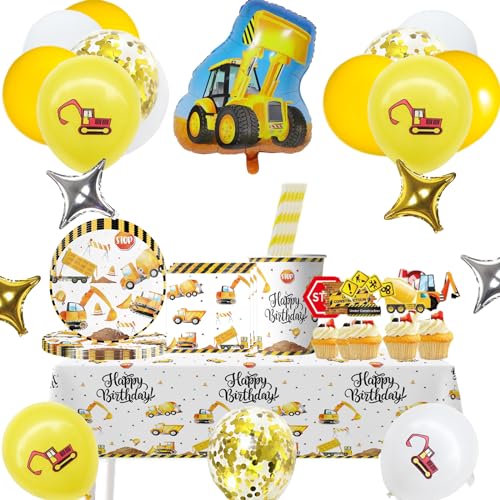 108 Stück Bagger Geburtstag Deko 2 Jahre, Dgeburtstag Deko Junge, Baustelle Kindergeburtstag Deko,Bagger Pappteller,Tassen, Luftballons,Tischtuch,Strohhalme, Kuchen Topper für 16 Gäste. von Aszaui