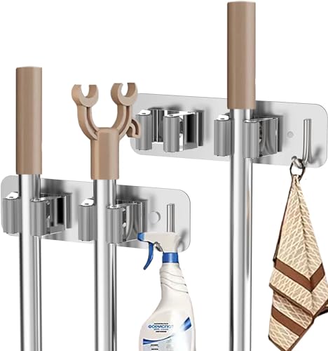 Aszaui selbstklebender Wandbesenhalter 2-teiliges Set, Wandbesenhalter, kein Bohren erforderlich, Wandschrubber Edelstahl Werkzeughalter für Küche, Bad, Garten und Balkon (silber) von Aszaui