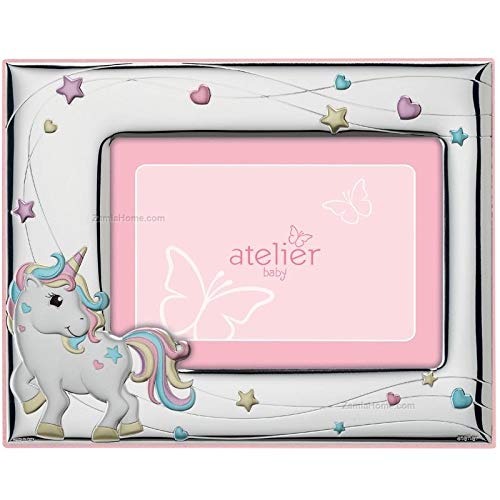 Moda Mavilla Einhorn Bilderrahmen Baby 925 Silber Foto Pvd Silber"Einhorn", Rückseite Holz Bimbo Rahmen 9 x 13 cm, Rosa Marke: Atelier von Atelier 1053