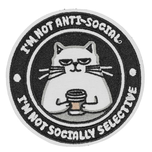 Atensils Aufnäher zum Aufbügeln oder Aufnähen, Motiv: weiße Katze, Aufschrift "I'm Not Socially Selective", perfekt für Rucksäcke, Jeans, Jacken, Hüte und Kleidung, niedlich, lustig, cool, bestickte von Atensils