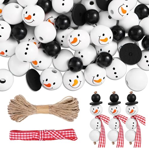 42 Stück Schneemann Holzperlen,20mm Weihnachten Schneemann Holzperlen,Weihnachten Holzperlen mit Gesicht,DIY Basteln Weihnachten,mit 10m Schnur für Weihnachten Deko,Basteldekoration,Winter Party Deko von Athem