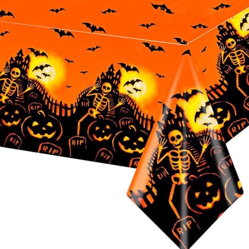 Halloween Tischdecke Deko, 137 x 274cm Halloween Skelett Tischdecke Einweg Halloween Party Tischdecke, Halloween Gruselige Tischdecke für Zu Hause, Garten Halloween Party Dekor Esstisch von Athem