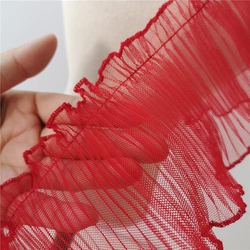 Spitzenbesatz, 10 cm, Tüll-Voile-Spitze, elastischer Plissee-Chiffon-Spitzenkragen, Rüschen, Nähbesatz, Band for Selbermachen, Basteln, Kleidung, Hochzeitskleid(Red) von AthuAh