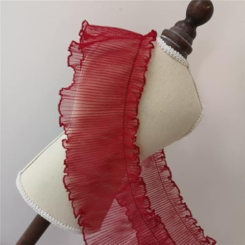 Spitzenbesatz, 10 cm, Tüll-Voile-Spitze, elastischer Plissee-Chiffon-Spitzenkragen, Rüschen, Nähbesatz, Band for Selbermachen, Basteln, Kleidung, Hochzeitskleid(Wine red) von AthuAh