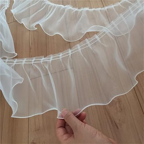 Spitzenbesatz, 14 cm, 1 Yard, doppellagig, plissierter Organza-Stoff, Rüschenbesatz, 3D-Spitzenfransenband, Hochzeitskleidkragen, DIY-Nähzubehör(Beige Single layer) von AthuAh