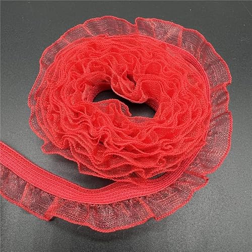 Spitzenbesatz, 16 mm elastisches Organza-Spitzenband, umklappbares Rüschen-Gummiband for Nähen von Spitzenbesatz, Taillenband, Kleidungszubehör(Red) von AthuAh