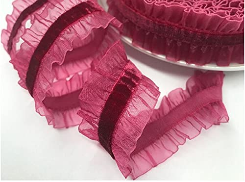 Spitzenbesatz, 2 Yards, 2,5 cm, Organza-Rüschen, elastischer Spitzenbesatz, Samtband, Stretchband for Kleidungsstücke, handgefertigtes Nähen, Patchwork(Wine red) von AthuAh