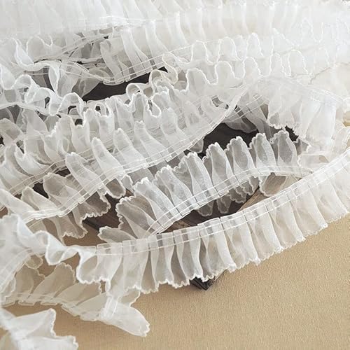 Spitzenbesatz, 4 cm breiter Tüll, 3D-Plissee-Organza-Spitzenstoff, besticktes Fransenband, Rüschenbesatz, Puppenkleidung, handgefertigt, DIY-Nähen(White) von AthuAh