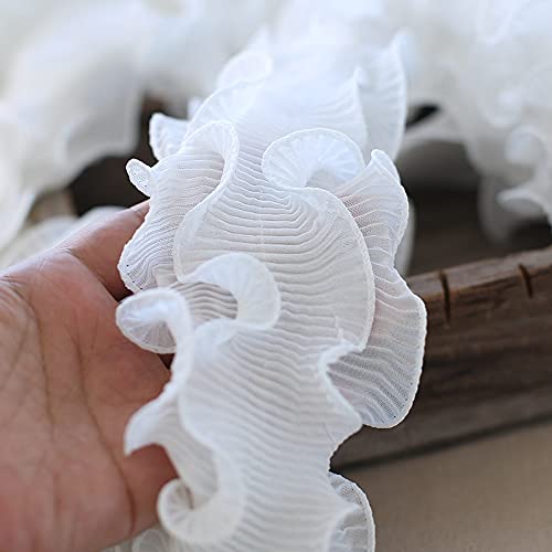 Spitzenbesatz, 8 cm, weiß-schwarz, plissierter Chiffon, elastischer Spitzenbesatz, Rüschenband, 3D-Blumen, Kleiderkragen, Applikation for Nähen, DIY-Basteln(White) von AthuAh