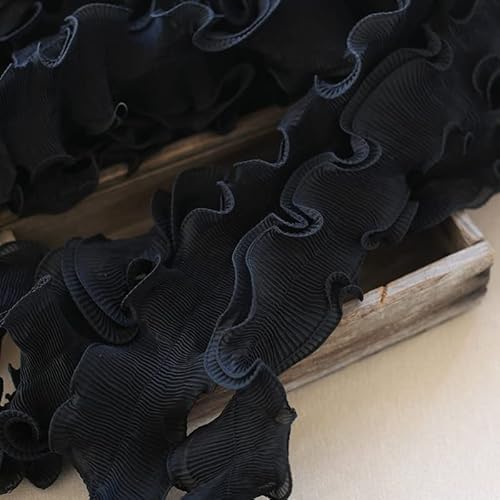 Spitzenbesatz, 8 cm breit, weiß-schwarz, plissierter Chiffon, elastischer Spitzenbesatz mit Rüschen, Band mit 3D-Blumen, Kleiderkragen, Applikation for Nähen, Basteln (Größe: 0,5 m)(Black) von AthuAh