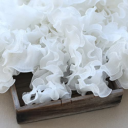 Spitzenbesatz, 8 cm breit, weiß-schwarz, plissierter Chiffon, elastischer Spitzenbesatz mit Rüschen, Band mit 3D-Blumen, Kleiderkragen, Applikation for Nähen, Basteln (Größe: 0,5 m)(White) von AthuAh