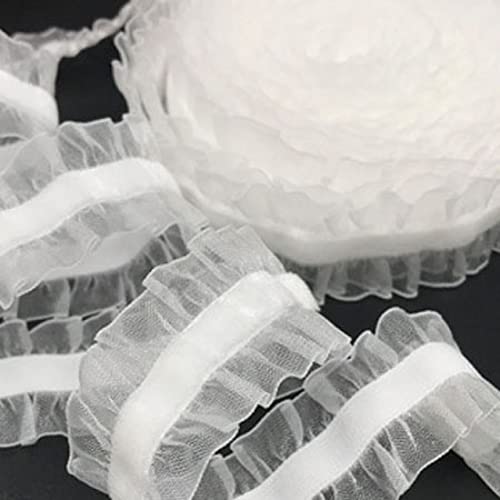 Spitzenbesatz, Elastischer Organza-Spitzenbesatz mit Rüschen, Samtband, Spitze for Kleidungsstücke, handgefertigtes Nähen, Patchwork-Zubehör (5,5 m)(White) von AthuAh