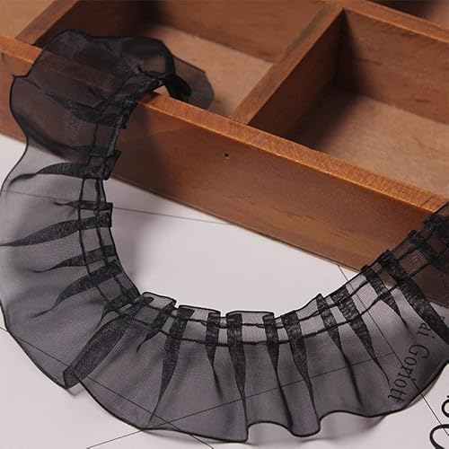 Spitzenbesatz, Weiß-schwarzer Organza-3D-Plissee-Spitzenstoff, Handarbeits-Rüschenbesatz, Rüschenfransenband, Kleider-Nähmaterial (Größe: 2,5 cm breit)(Black) von AthuAh