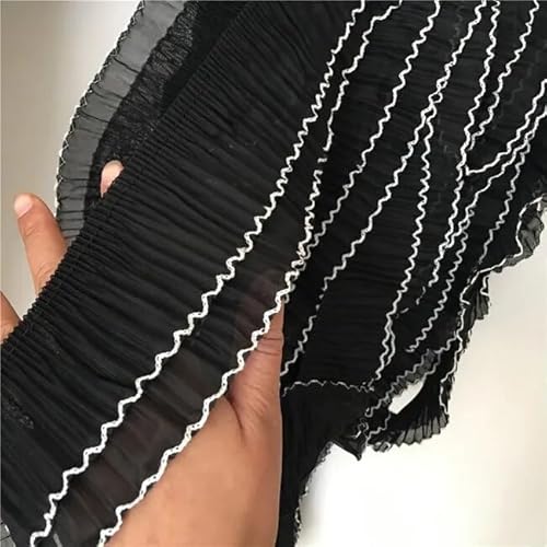 Spitzenbesatz, Zweilagiger, elastischer, plissierter Chiffon-Rüschenbesatz, Band, gefaltete Spitzenkragen-Applikation for Selbermachen, Kleid, Nähen, Fransensaum-Dekor, 1 Yard(Black) von AthuAh