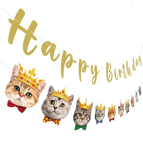 Katze Happy Birthday Banner Katze Geburtstag Party Dekorationen Katze Gesichter Geburtstag Banner Katze Dekorationen Banner Girlande für Kinder Mädchen Frauen Katze Geburtstag Party Supplies (Gold) von Atiloy