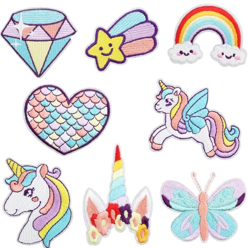 8 Stück Regenbogen-Einhorn-Aufnäher zum Aufbügeln für Kinder, zum Aufnähen, bestickt, bunte Herz-Applikationen, Aufnäher für DIY, Jeans, Kleidung, Jacken, Rucksack, Dekoration, Handwerk (Traumeinhorn, von Atsabdas