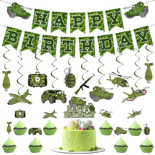 Attimal Military Birthday Party Dekorationen - Erwachsene und Kinder Party Supplies, einschließlich Eye-Catching Camouflage Geburtstag Banner und Militär-Thema hängenden Spirale 34 Pcs von Attimal