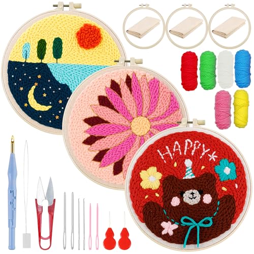 Attuslla 3 Set Stanznadel-Stickerei-Starter-Kits, Stanznadeltuch mit Muster, Kunststoffreifen, Garn, Nadelstift und Anleitung für Anfänger (Blume, See und Bär) von Attuslla