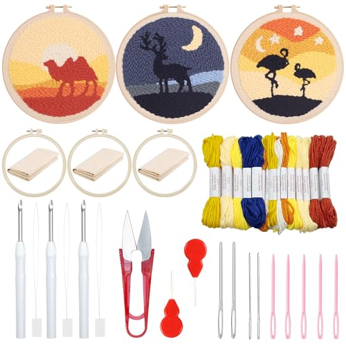 Attuslla 3 Set Stanznadel-Stickerei-Starter-Kits, Stanznadeltuch mit Muster, Kunststoffreifen, Garn, Nadelstift und Anleitung für Anfänger (Kamel, Flamingo, Elch) von Attuslla