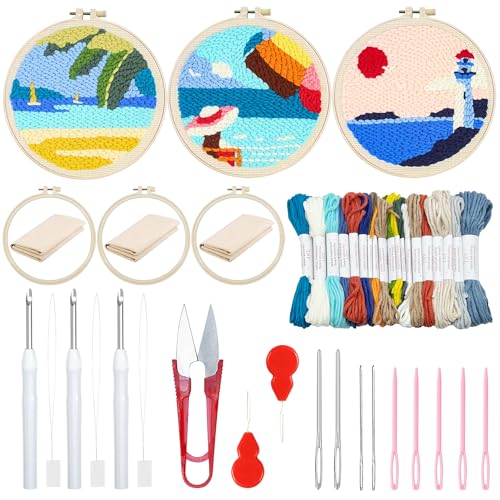 Attuslla 3 Set Stanznadel-Stickerei-Starter-Kits, Stanznadeltuch mit Muster, Kunststoffreifen, Garn, Nadelstift und Anleitung für Anfänger (Leuchttürme, Segelboote, blauer Himmel) von Attuslla