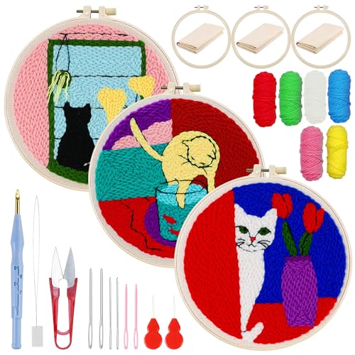 Attuslla 3er-Set Stanznadel-Sticksets, Stanznadel-Sets für Erwachsene und Anfänger mit Farbmuster, Kunststoffreifen, Garn und Anleitung (Katze und Vase) von Attuslla