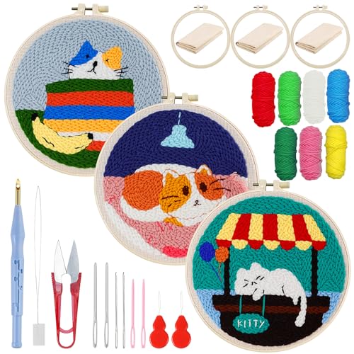 Attuslla 3er-Set Stanznadel-Sticksets, Stanznadel-Sets für Erwachsene und Anfänger mit Farbmuster, Kunststoffreifen, Garn und Anleitung (faule Katze) von Attuslla