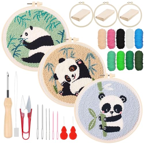 Attuslla 3er-Set Stickerei-Starter-Kits für Anfänger, Stanznadel-Set mit Anleitung, Kunststoffrahmen, Garne und Stickgriff-Nadelstift (Panda und Bambus) von Attuslla