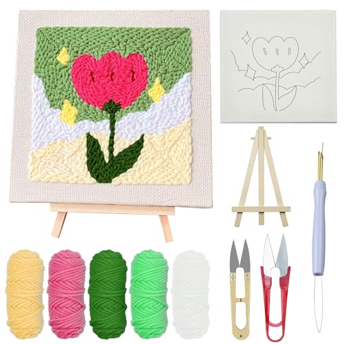 Attuslla Punch Needle Starter Kit, Punch Needle Embroidery Kit Frame with Punch Needle Fabric, Hoop, Yarns, Punch Needle for Beginner (Tulpen and Stars) von Attuslla