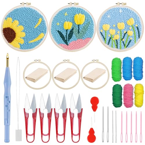 Attuslla Stanznadel-Stickerei-Starter-Kits inklusive Kunststoffreifen, Stanznadeltuch, Farbgarn und Stanznadelwerkzeuge für Erwachsene, Anfänger (Tulpen und Sonnenblumen) von Attuslla