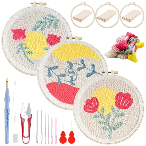 Attuslla Stanznadel-Stickerei-Starter-Sets enthalten Kunststoffreifen, Stanznadeltuch, Farbgarn und Stanznadelwerkzeuge für Erwachsene, Anfänger (rosa Blume und Blätter) von Attuslla