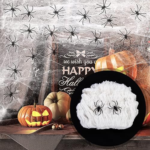 Atuoxing Halloween Spinnennetz Deko mit 40 Spinnen, 60g Dehnbaren Spinnennetzen Party Dekoration, Halloween Spinnweben Dekorationen von Atuoxing