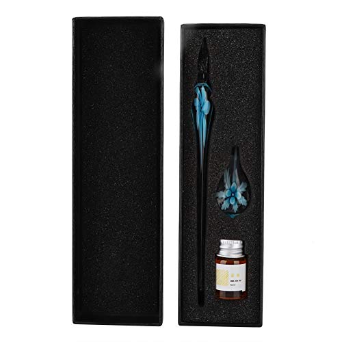 Atyhao Glas Dip Pen, Retro Kristall Elegante Blume Glas Dip Pen Signatur Ink Pen Füllfederhalter mit Ink Penholder(Hellblau) von Atyhao