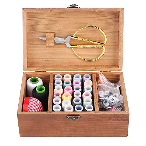 Atyhao Haushaltsnähset Box Korb, Holzhand Home Nähreparaturwerkzeug Kit Anfänger Nähset Zubehör für Frauen, Männer, Erwachsene, Mädchen, Kinder(with Sewing Kit) von Atyhao