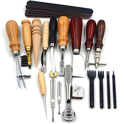 Leather Craft Sewing Kit, 19 Stück / Set Leather Craft Punch Tools Leder Tool Kit Lederarbeitswerkzeuge und Zubehör Leathercraft Stitching Carving Repair ToolsLederschnitz-Sets von Atyhao